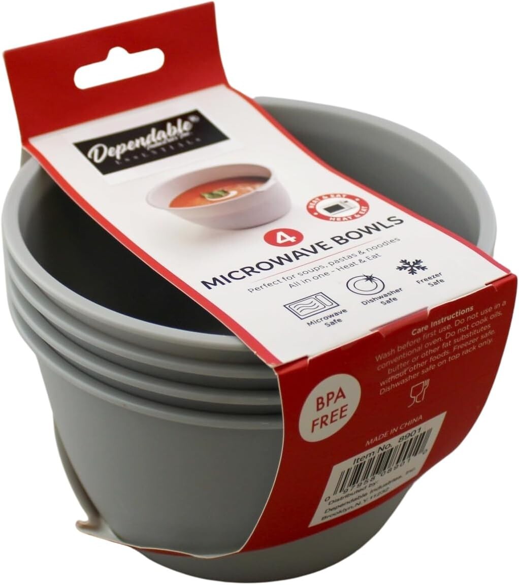 4 Pack Microwave Bowls Heat and Eat 26 OZ Dishwasher Safe BPA-Free Plastic Soup