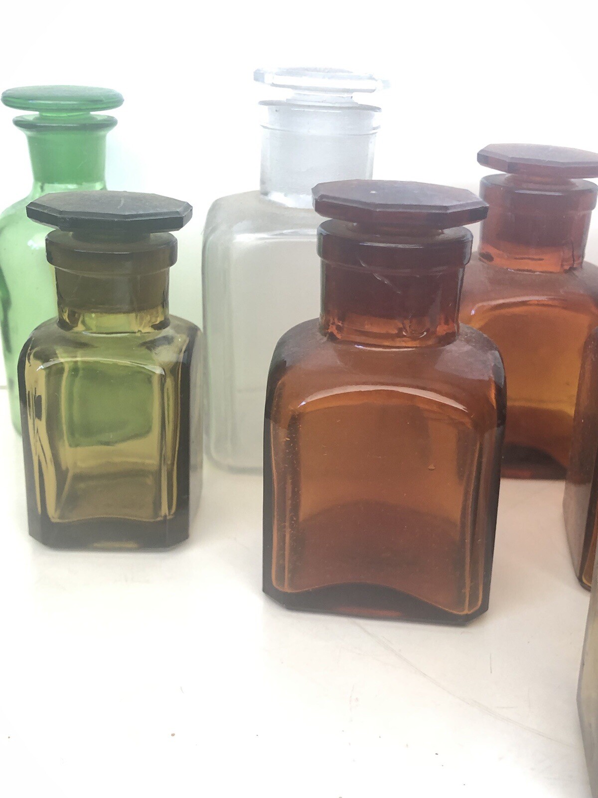 Eight Vintage Glass Reagent Science Chemistry Bottles Laboratory Wide Neck