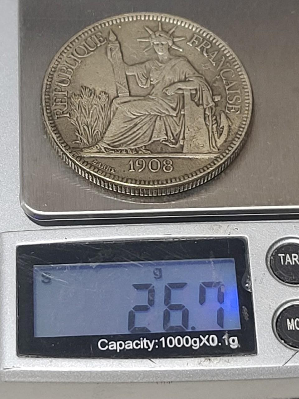 1908-A Silver 1 Piastre Commerce French Indo-China Rare Crown Thaler Sized Coin