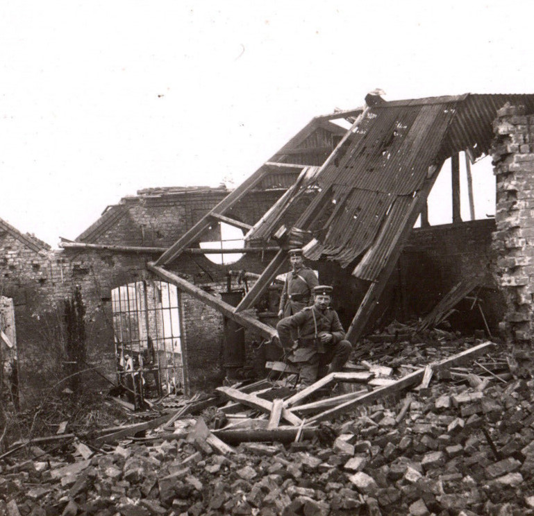 WWI German Soldier Battlefield Rubble Real Photo Postcard RPPC