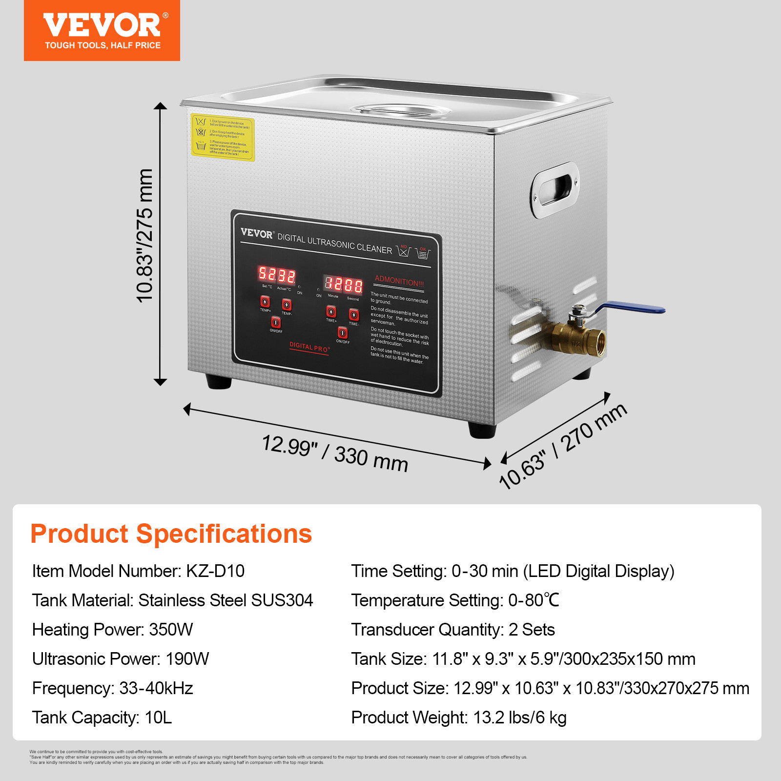 VEVOR 10L Ultrasonic Cleaner with Timer Heating Machine Digital Sonic Cleaner
