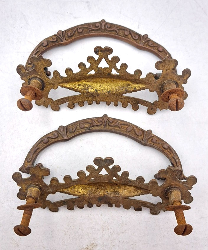 Antique Handles Hardware Furniture Vintage Drawer Pulls Old Brass Pair