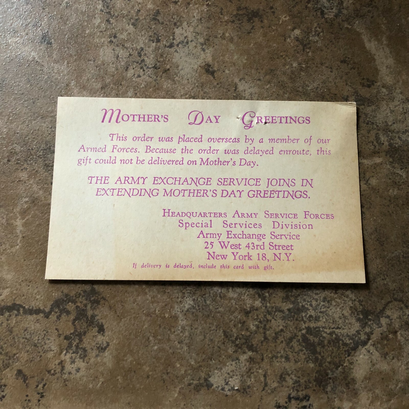 Army Exchange Service Forces WW2 Mother's Day greeting card