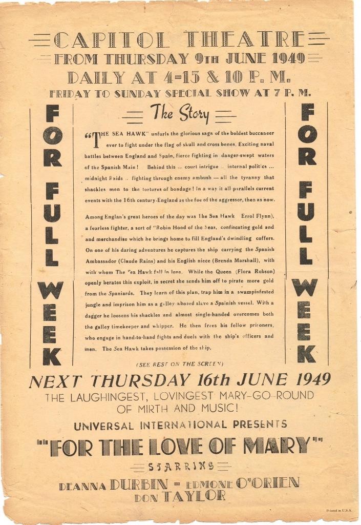 Movie Herald, The Sea Hawk, Errol Flynn, 1949, Capitol Theatre, 15.75" X 21.5"