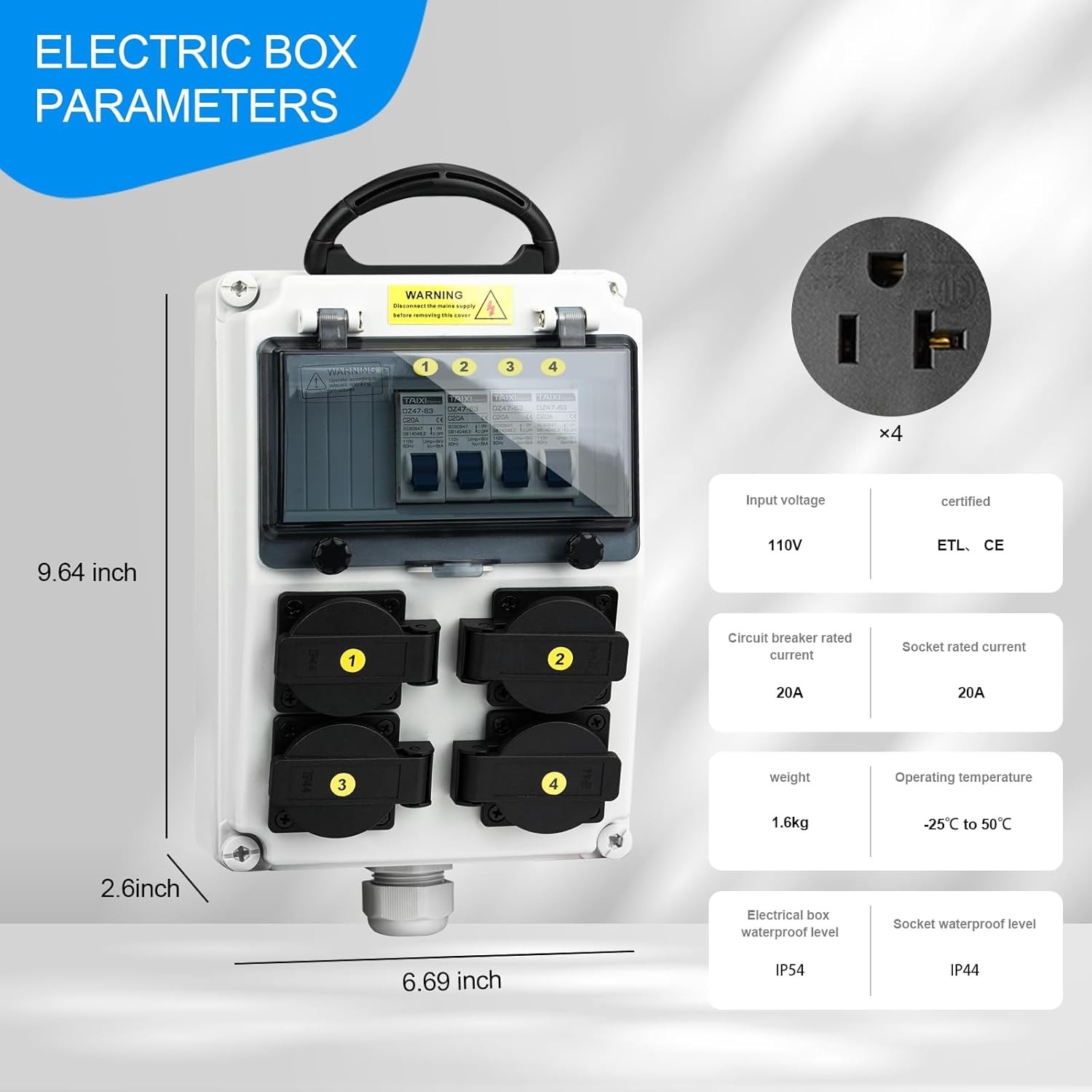 Electrical Outlet Box, Breaker Electrical Box, with IP44 NEMA 5-20 Outlet Box