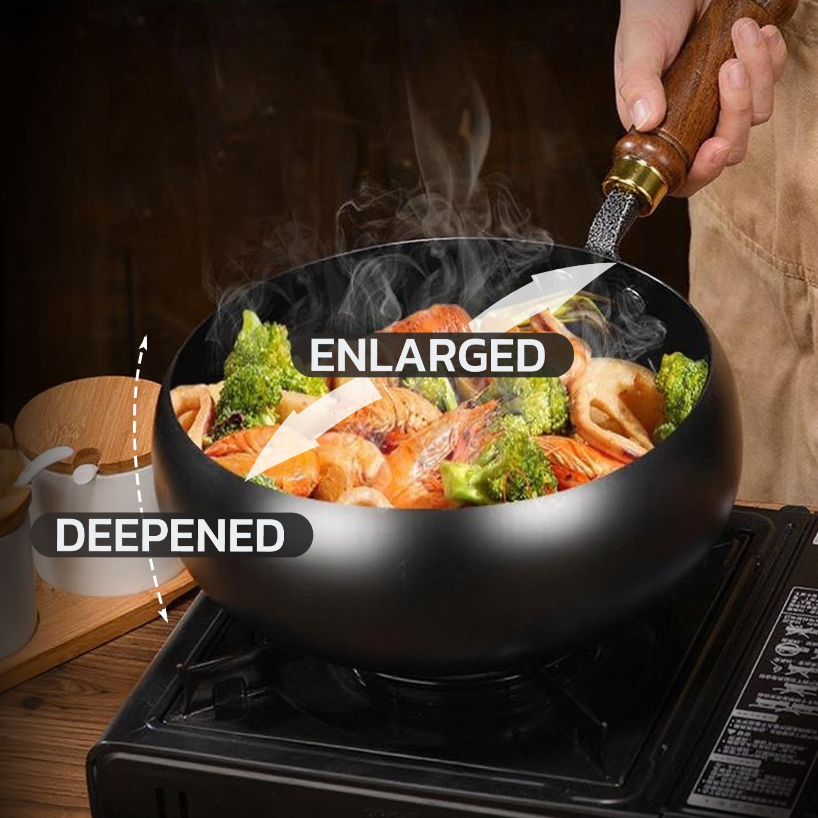 Uncoated Iron Pan Hand Forged Iron Pan with Lid Stir Fry Wok Skillet - 9.44IN