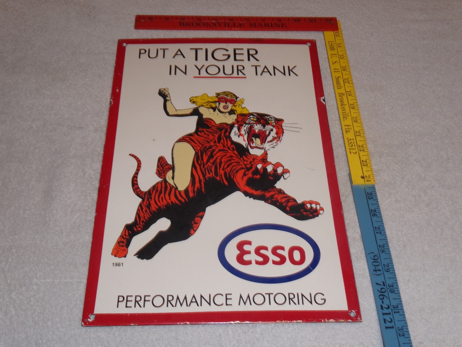 VINTAGE 1961 "ESSO CAT WOMAN RIDING TIGER" 18" PORCELAIN METAL GASOLINE OIL SIGN