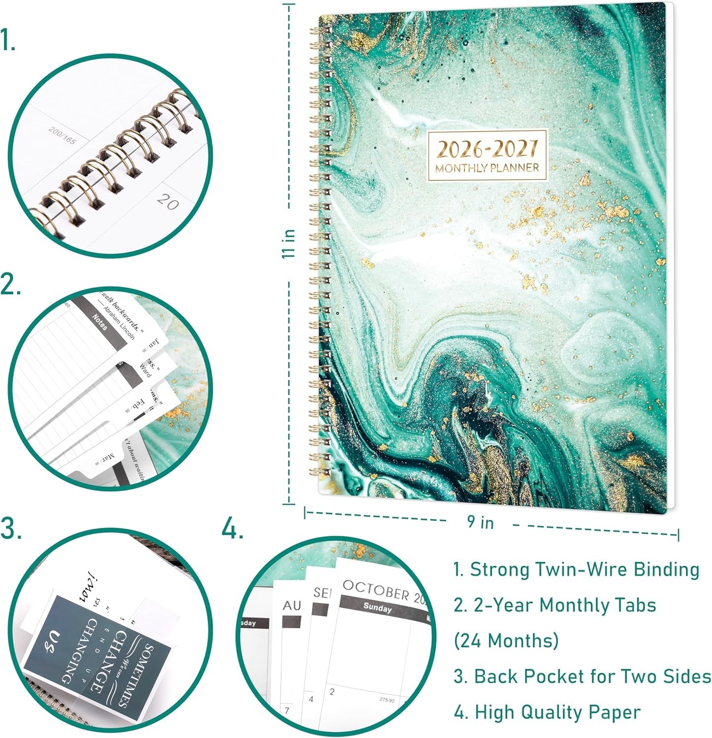 Convenient 2026-2027 Calendar Planner | 9" x 11" with Monthly Tabs & Pockets