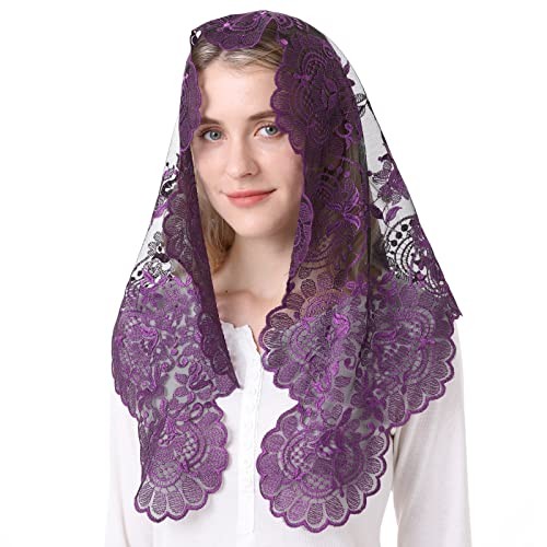 Church Veil for Women - Catholic Latin Mass Veil with Lace Purple&black