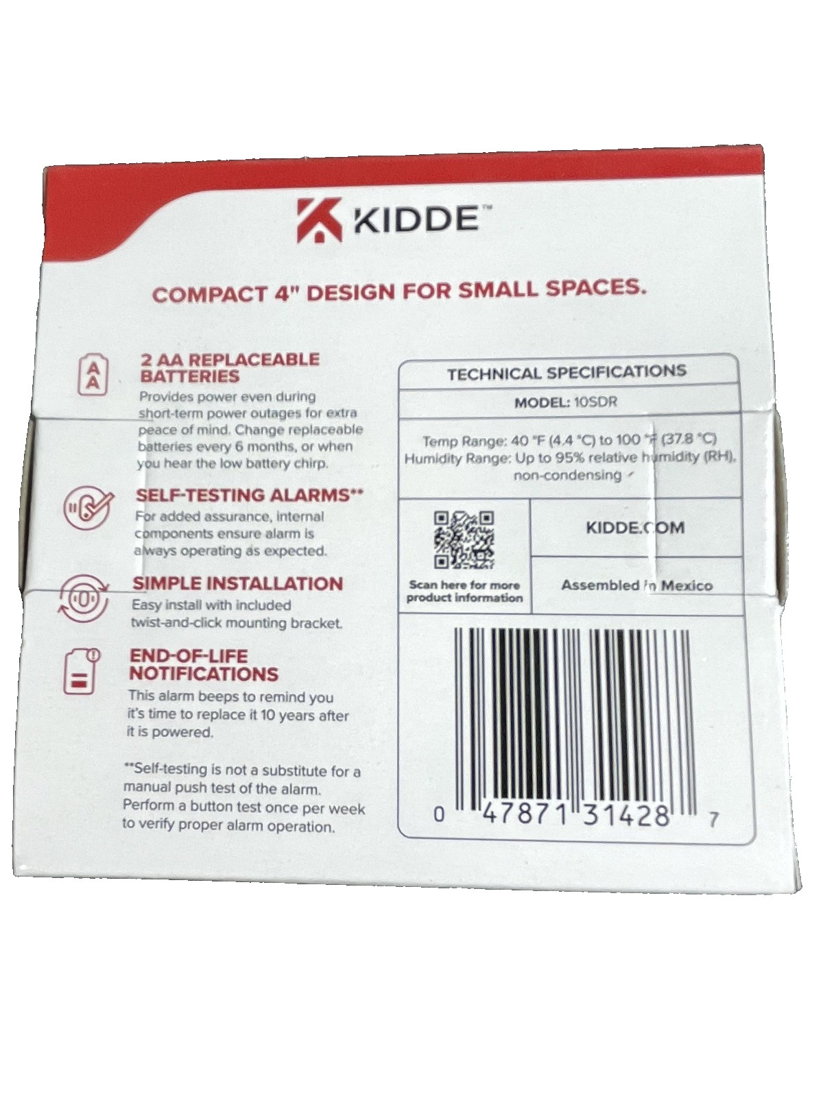 Kidde 10SDR Compact 4" AA Battery Powered Smoke Detector w/ Photoelectric Sensor