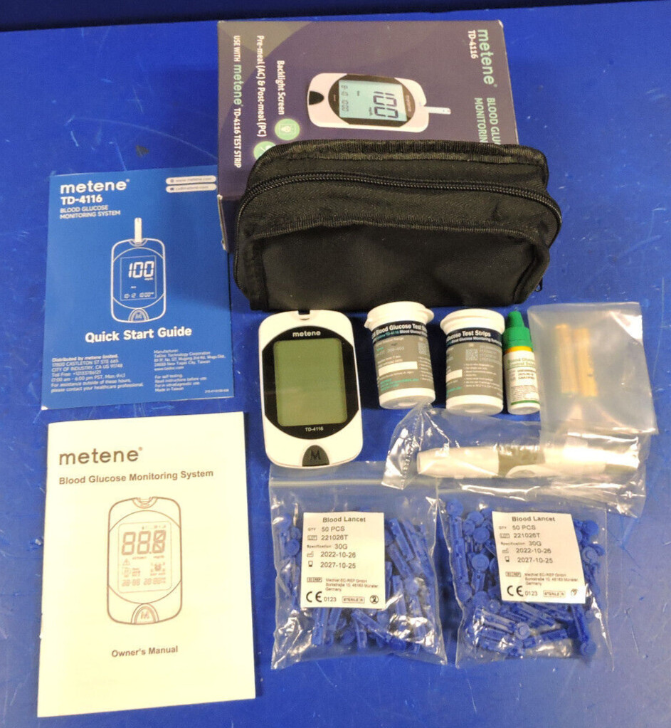 NEW Metene TD-4116 Blood Glucose Monitor/ 100 Strips 100 Lancets / Complete Set