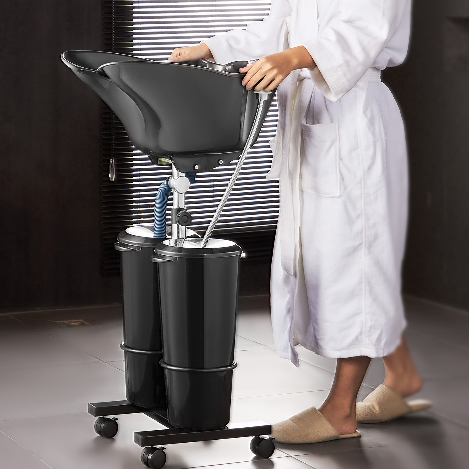 VEVO Portable Shampoo Bowl w/Drain Hose 2 Buckets Adjustable Height Salon Sink