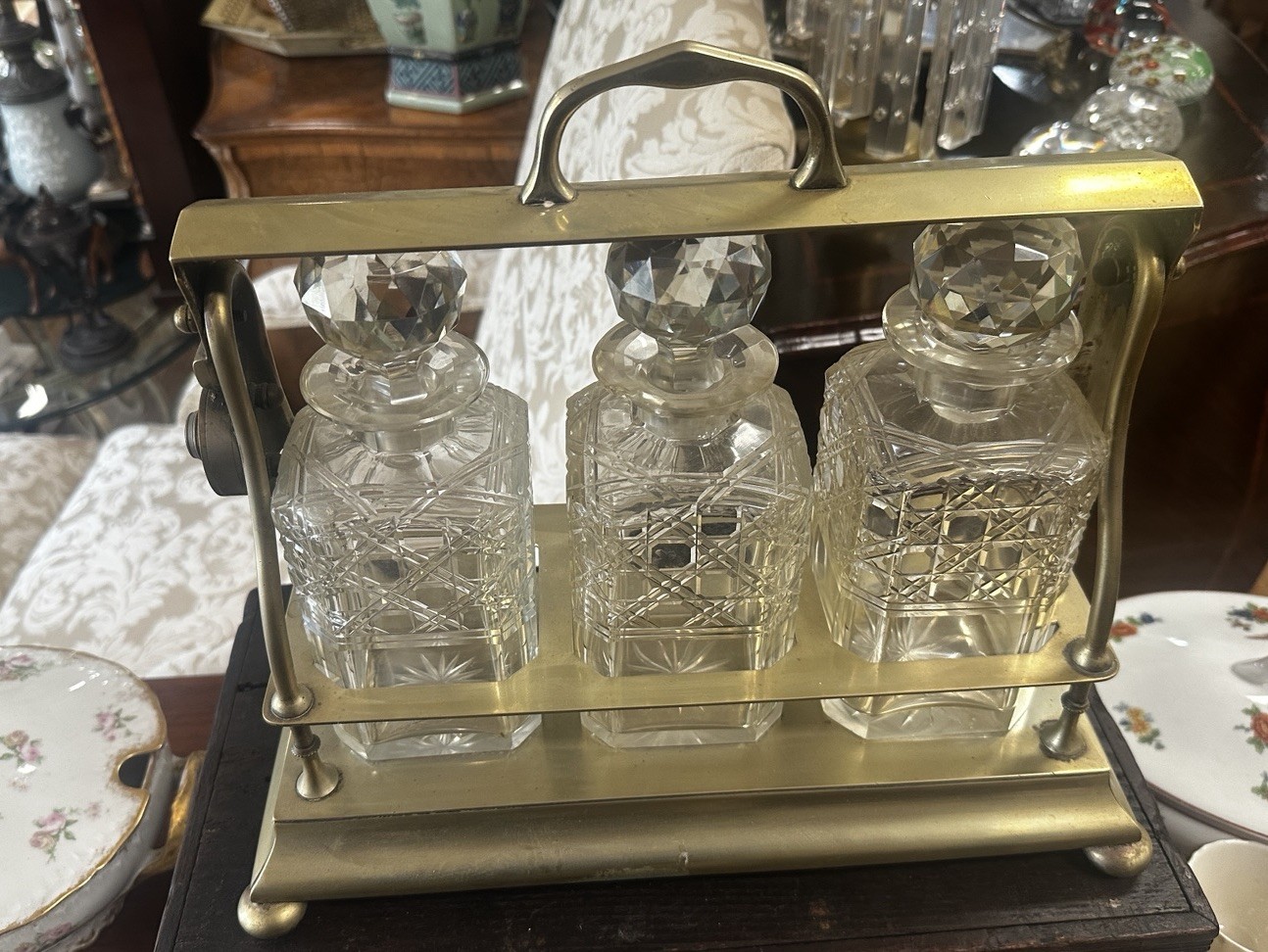 Antique English Silver Plated Tantalus Three Bottle Decanter Liquor Set Locking