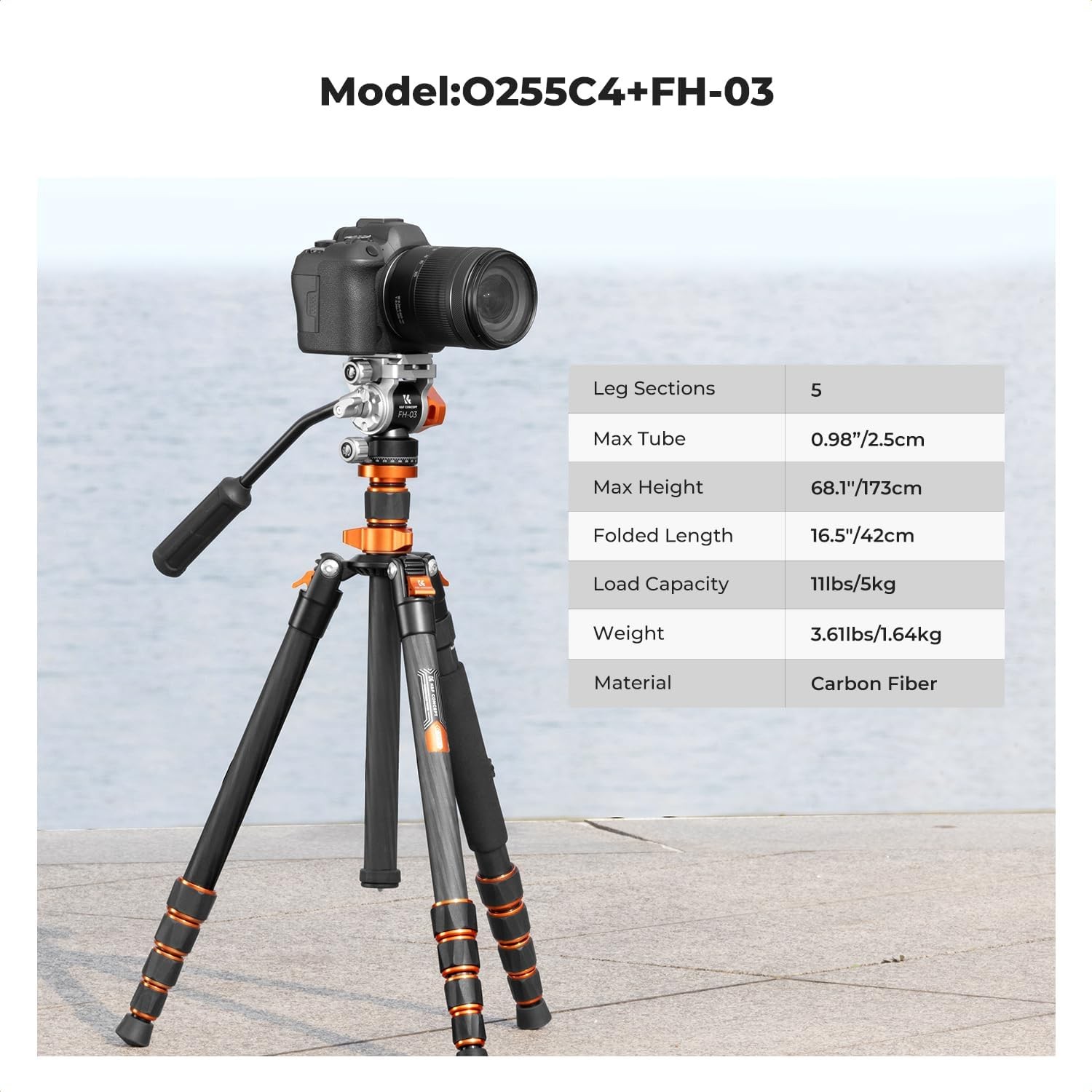 K&F Concept 67" Carbon Fiber Tripod Video Tripod w/ Fluid Head Load Capacity 8kg