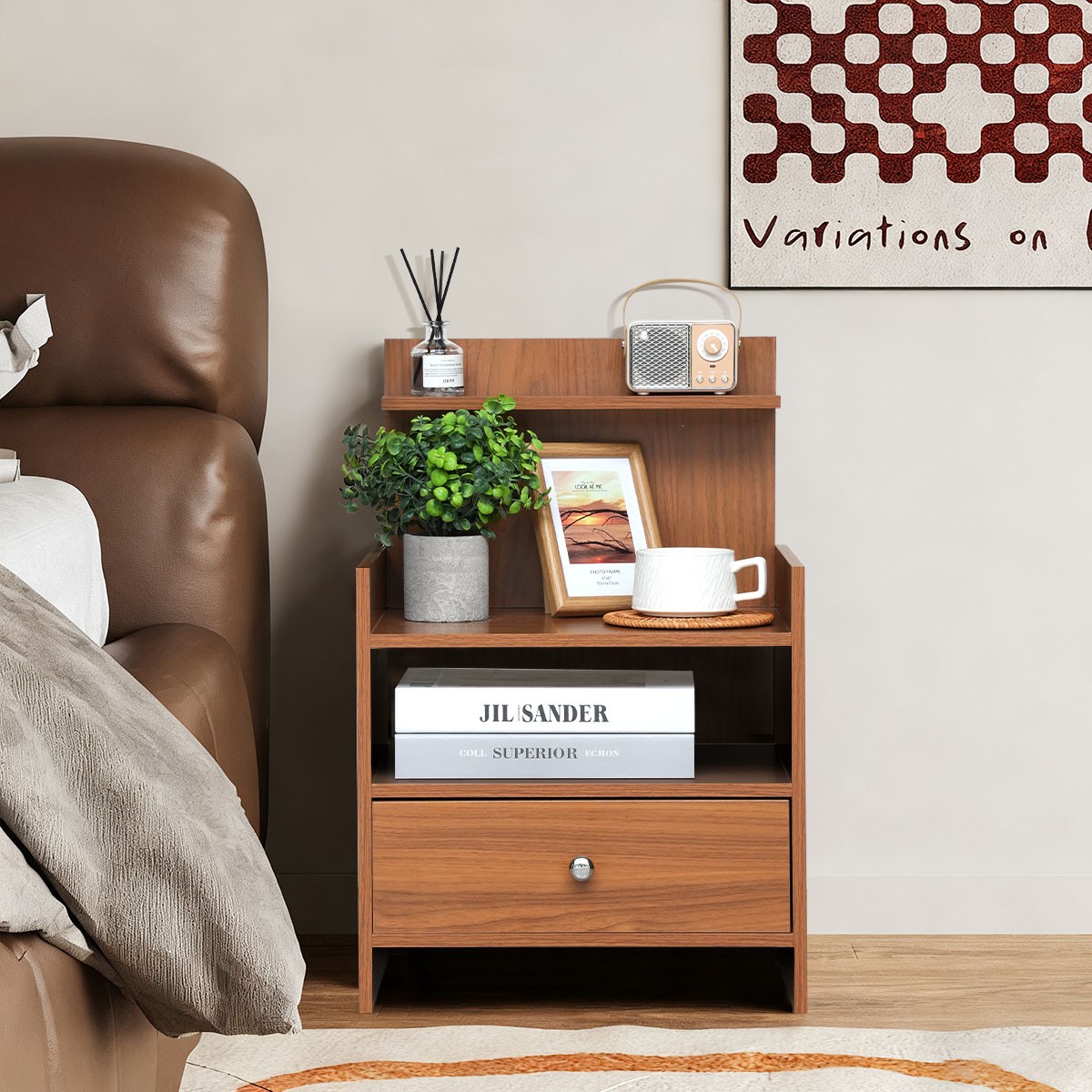 Wood Nightstand 1 Drawer & Open Shelf Bedside Table Retro Living Room Bedroom US