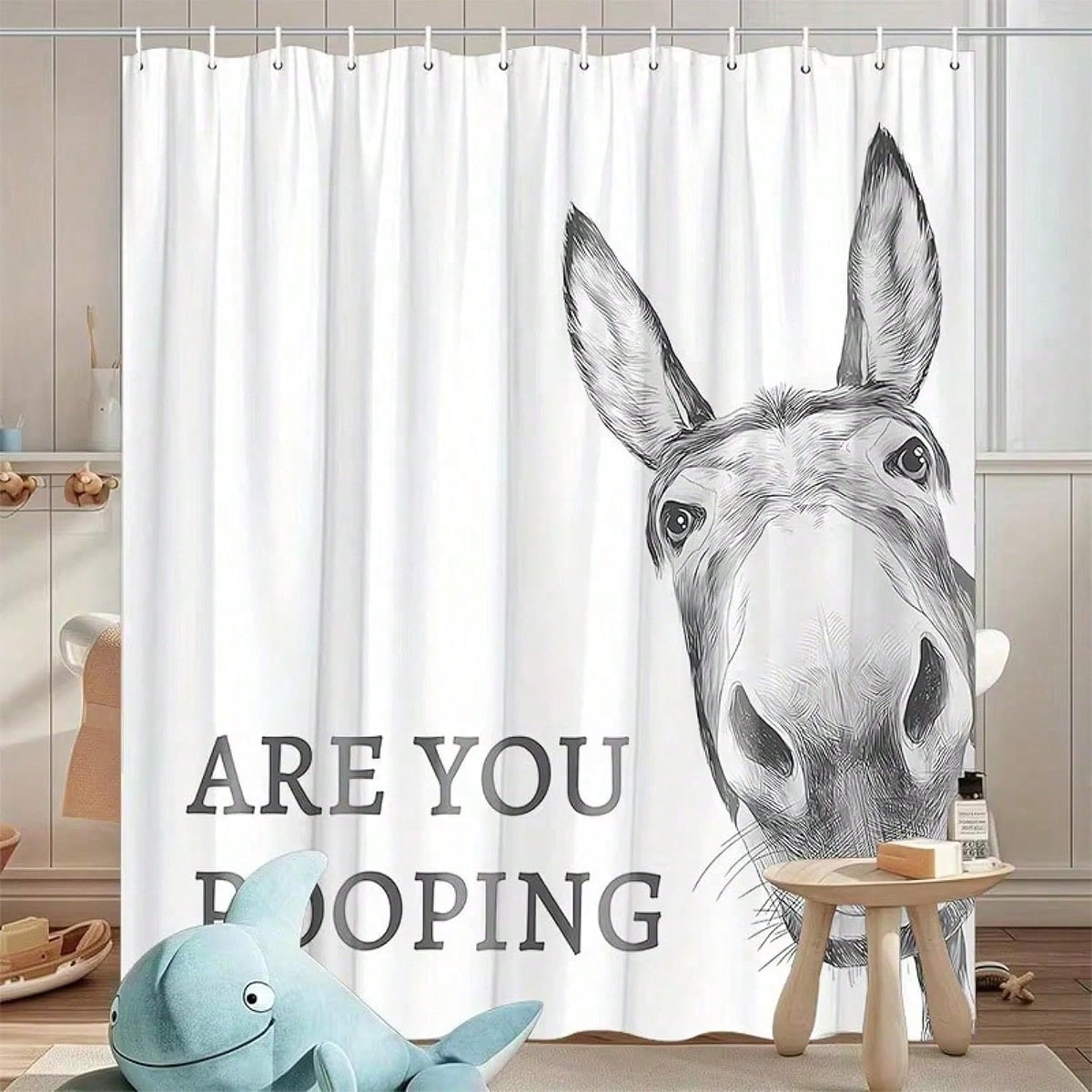 Funny Donkey Shower Curtain - 'are You Pooping?' Design, Humorous Bathroom Decor