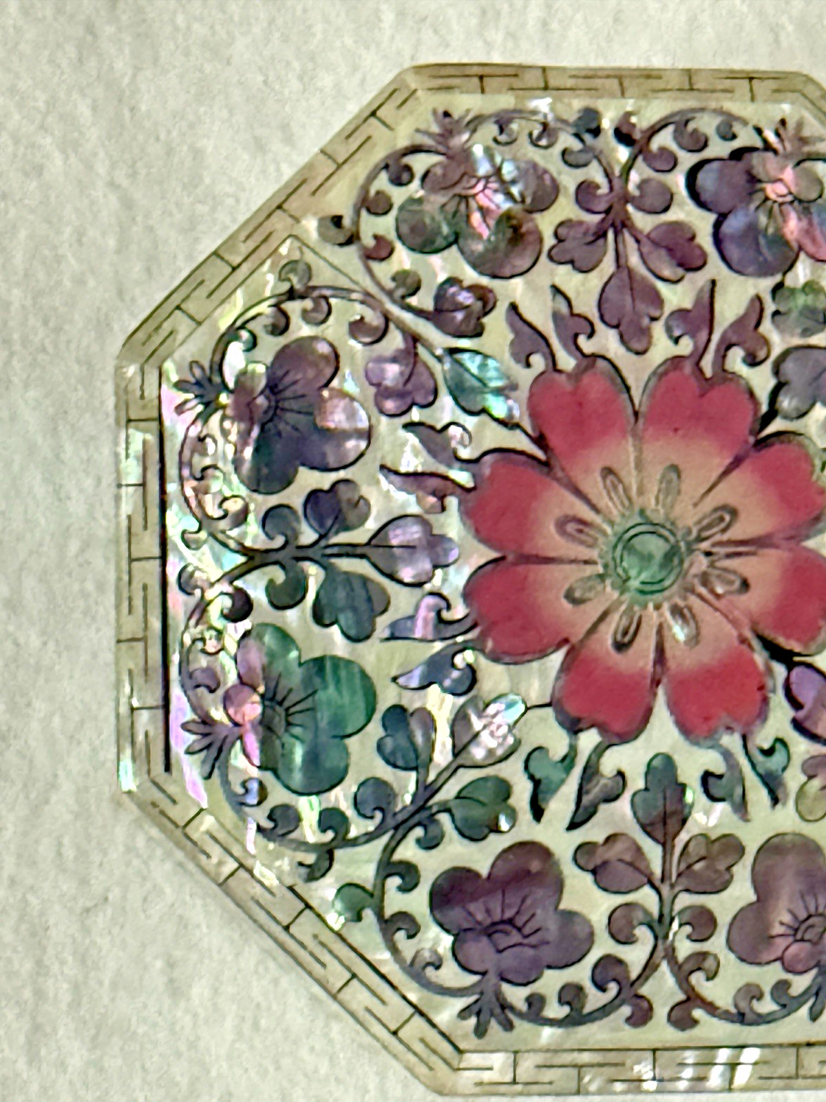 Floral ASIAN LACQUERED OCTAGON Trinket Jewelry BOX MOTHER OF PEARL INLAY