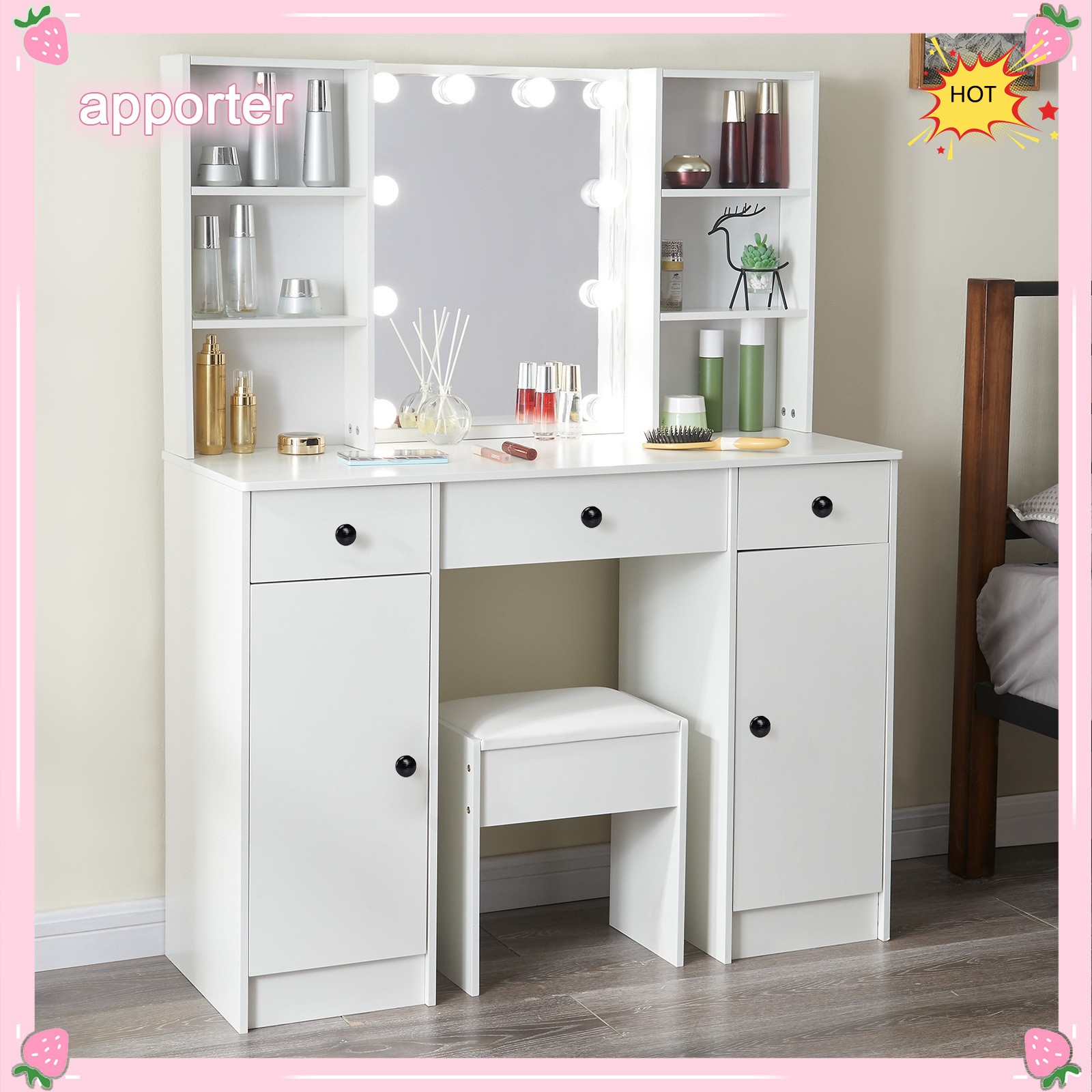Large Dressing Table 5 Drawer Makeup Desk Dresser w/ LED Mirror and Stool