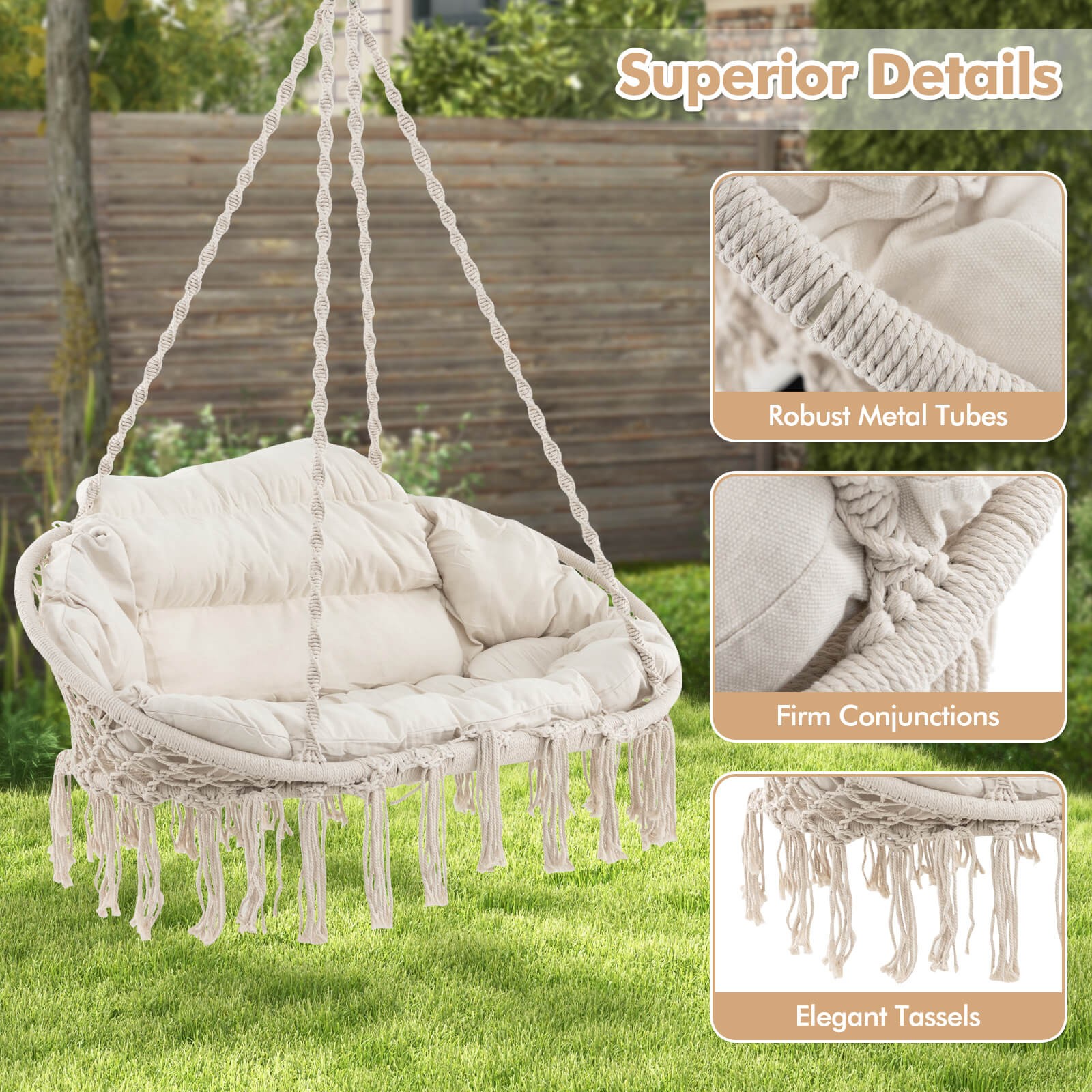 Swing Chair Hand-Woven Rope Hanging Chair w/Thick Cushion & Folding Metal Frame