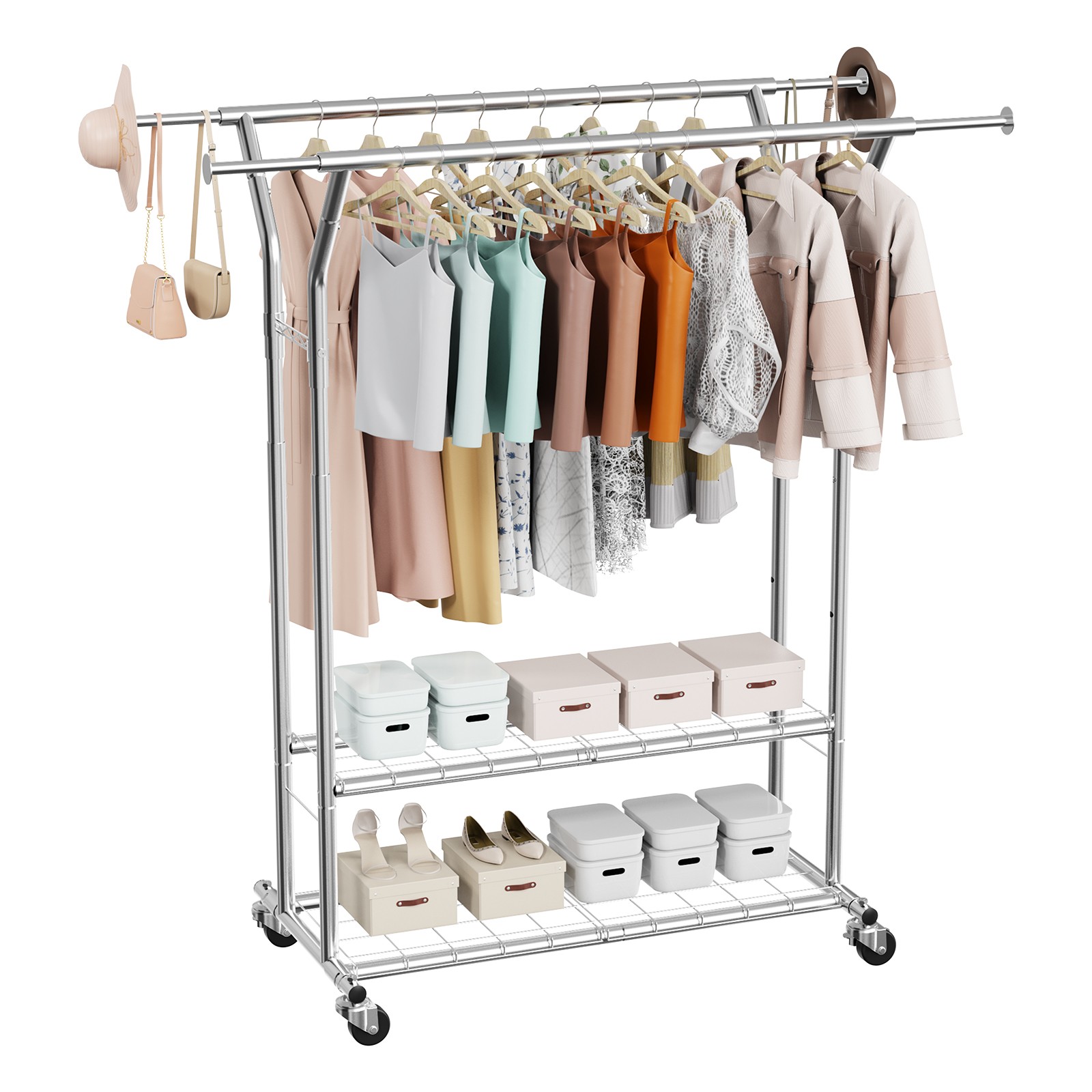 Uimoso Rolling Clothes Rack Garment Rack with Wheels & Storage Adjustable Height