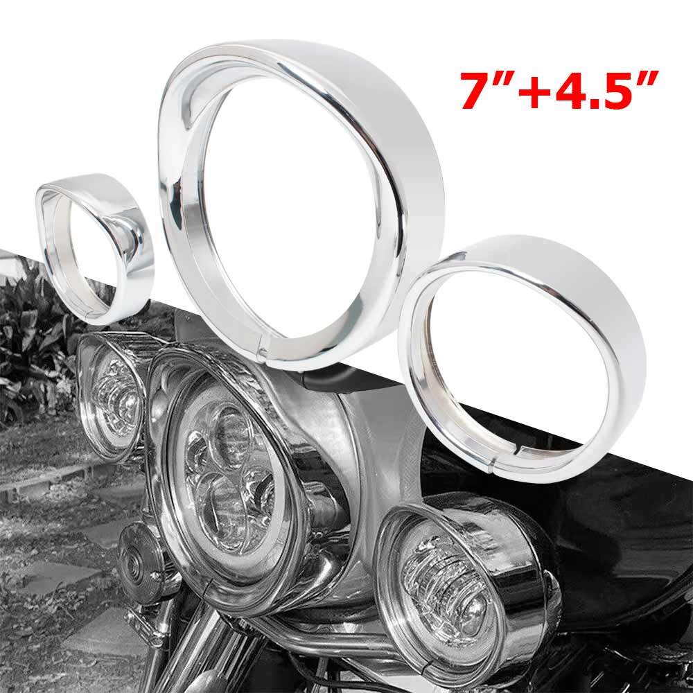 Chrome 7" Headlight+4.5" Fog Lamp Trim Ring Visor Bezel Fit for Harley Road King