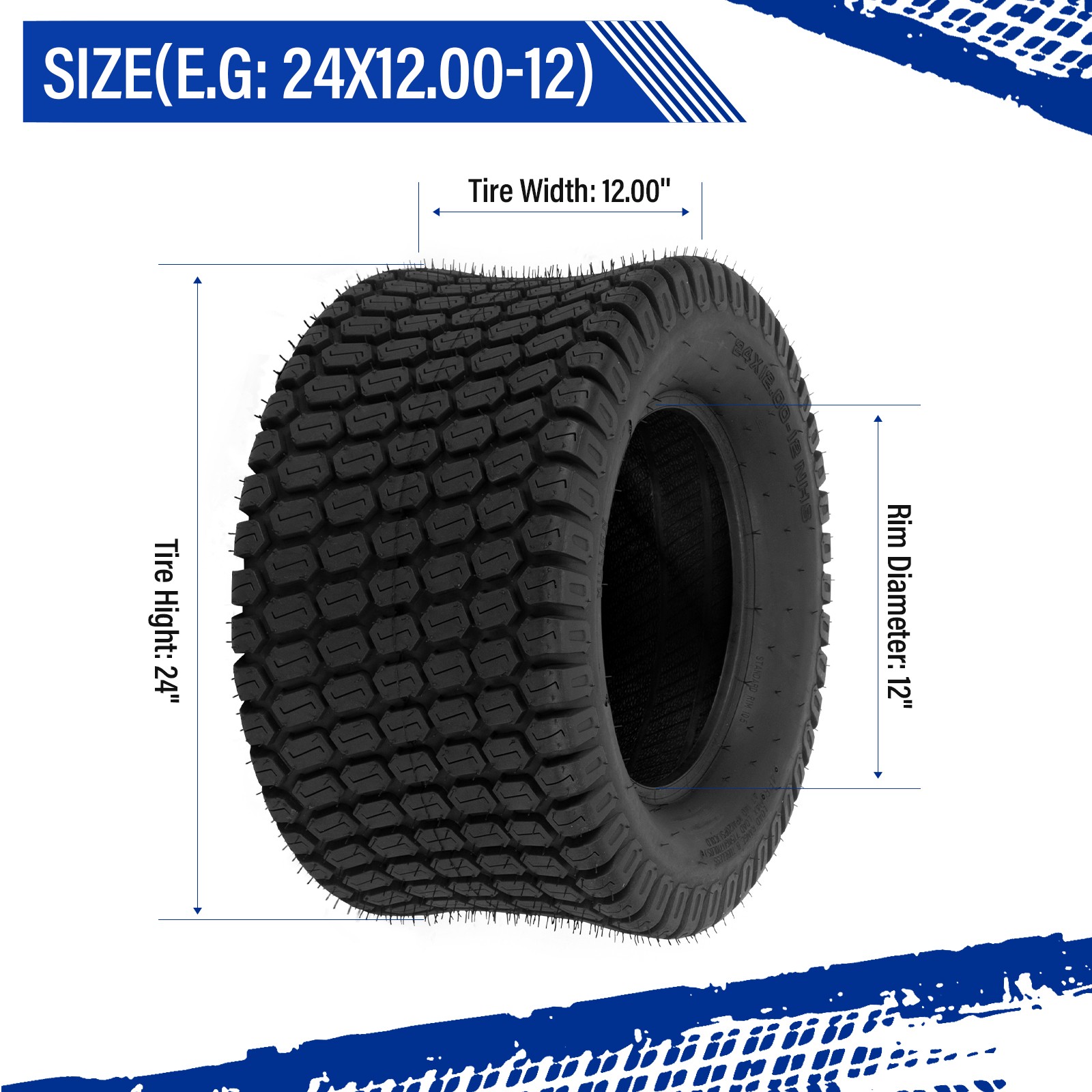 2 24x12.00-12 Lawn Mower Tractor Turf Tires 4 Ply 24x12-12 Tubeless 1710Lbs
