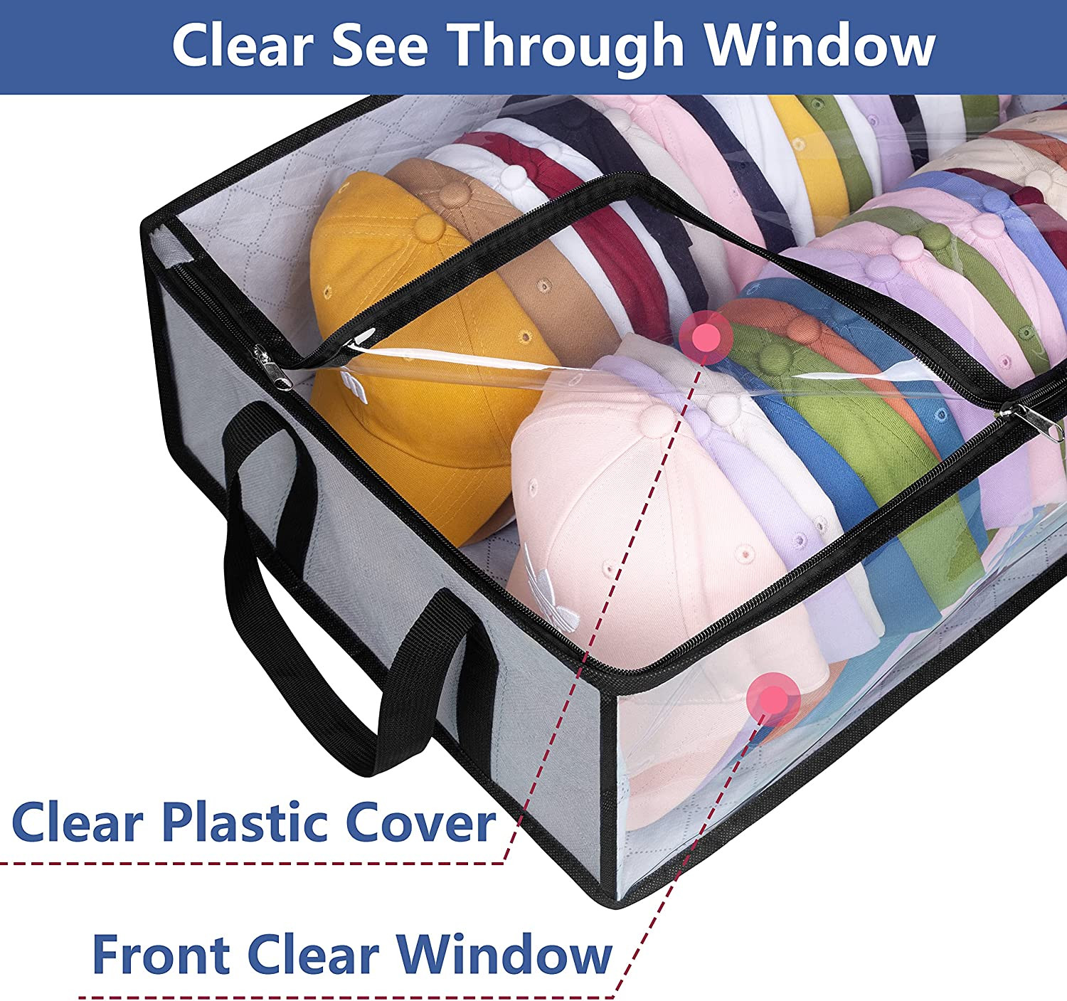 Large Baseball Cap Storage - Holds 40 Caps, Grey Hat Organizer