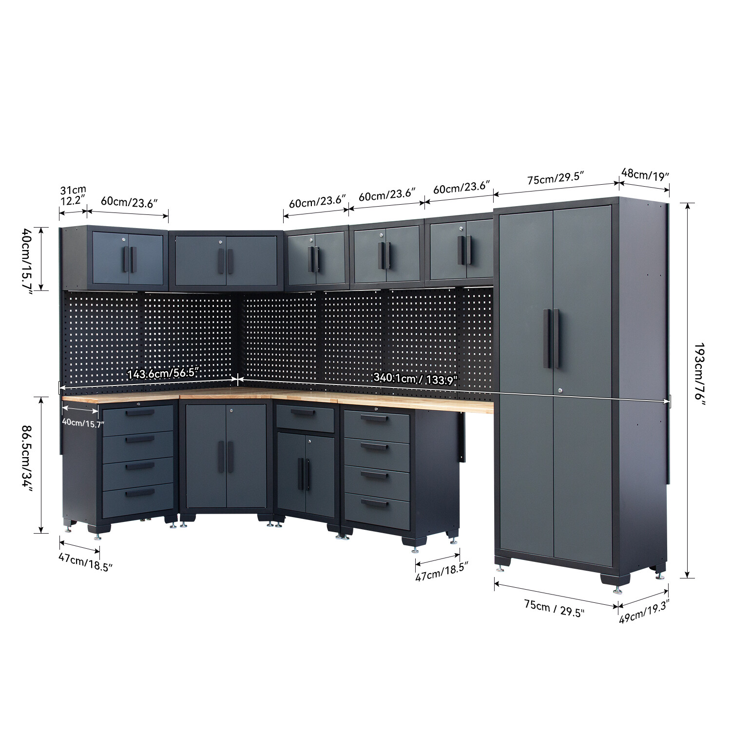 Garage Storage Cabinet 15Pcs Workshop W/Steel Cabinet Drawers Workbench Pegboard