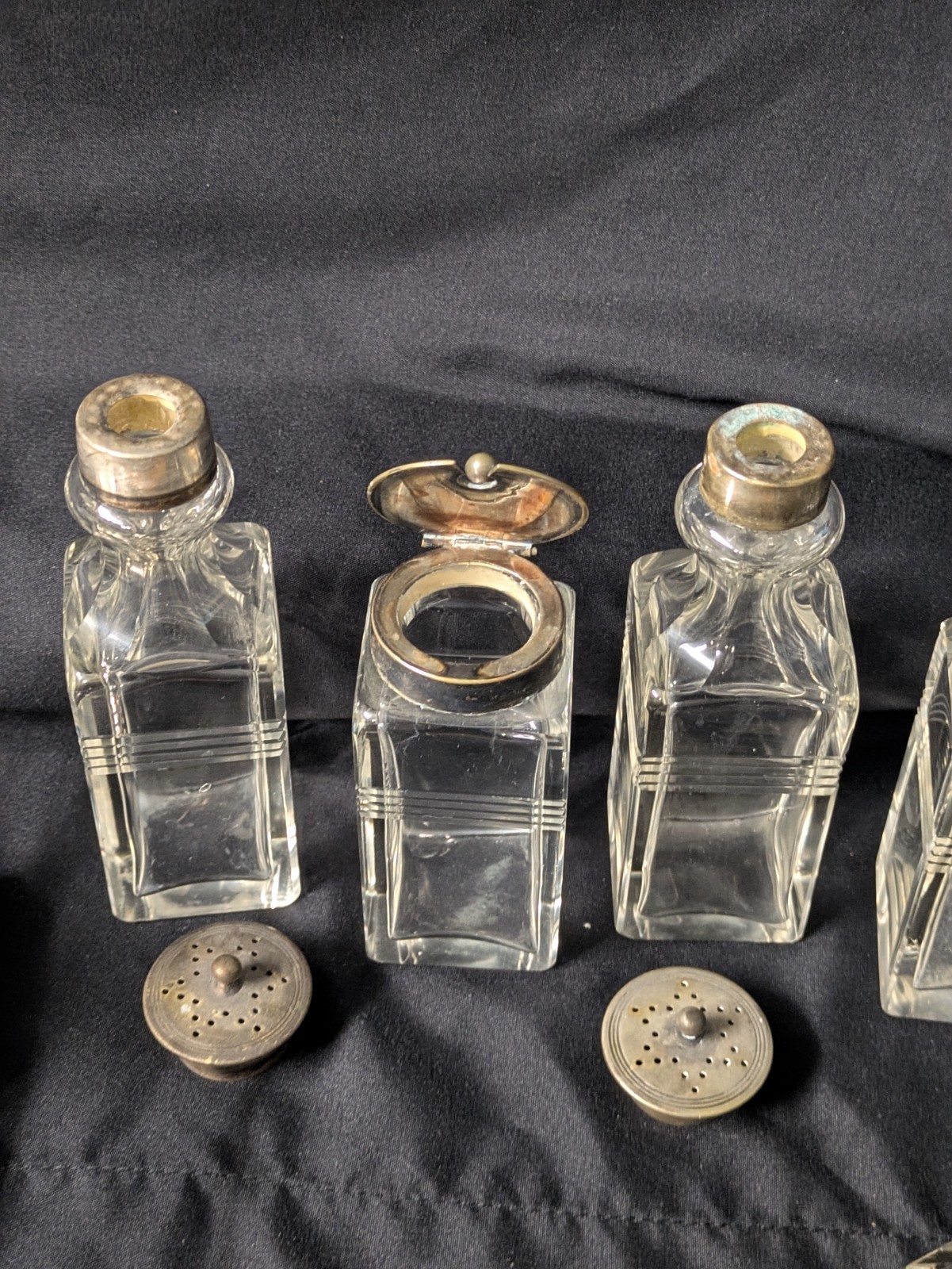 Vintage 6 Bottle Cruet Set with Handles Holder Silver plate Art Deco Condiments