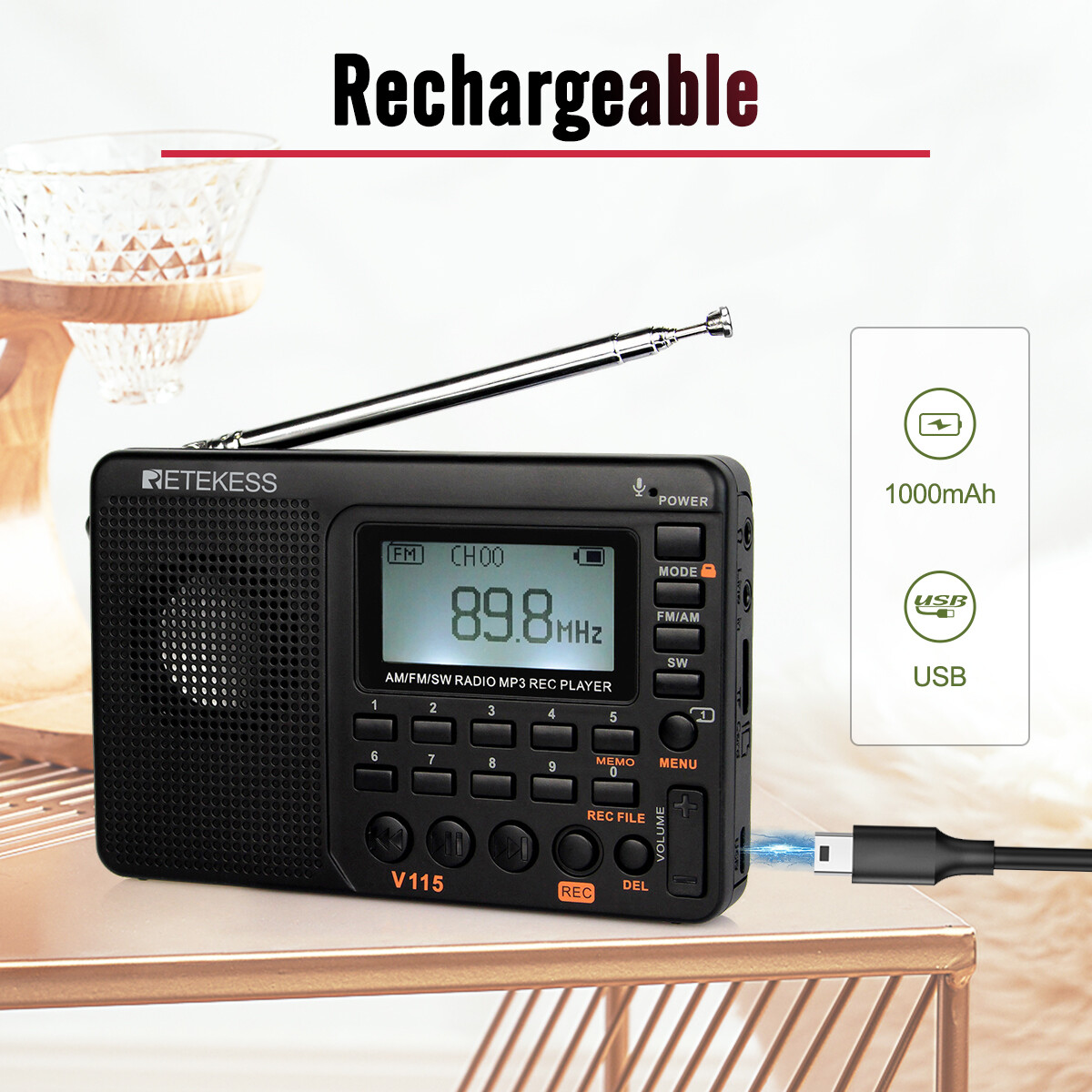 Retekess V115 Portable AM/FM/SW Radio Receiver MP3 Player Rechargeable Home Gift
