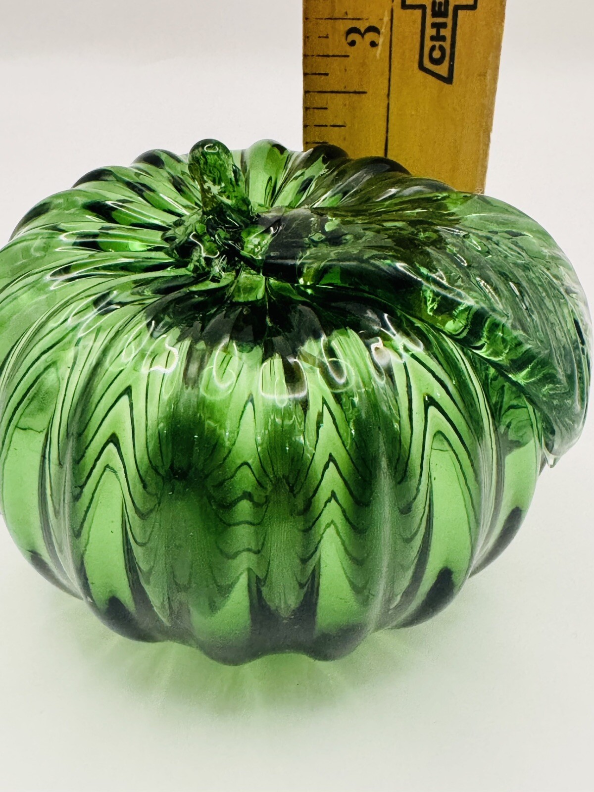 Vintage Hand-Blown Glass Green Apple/Pumpkin Paperweight Home Decor