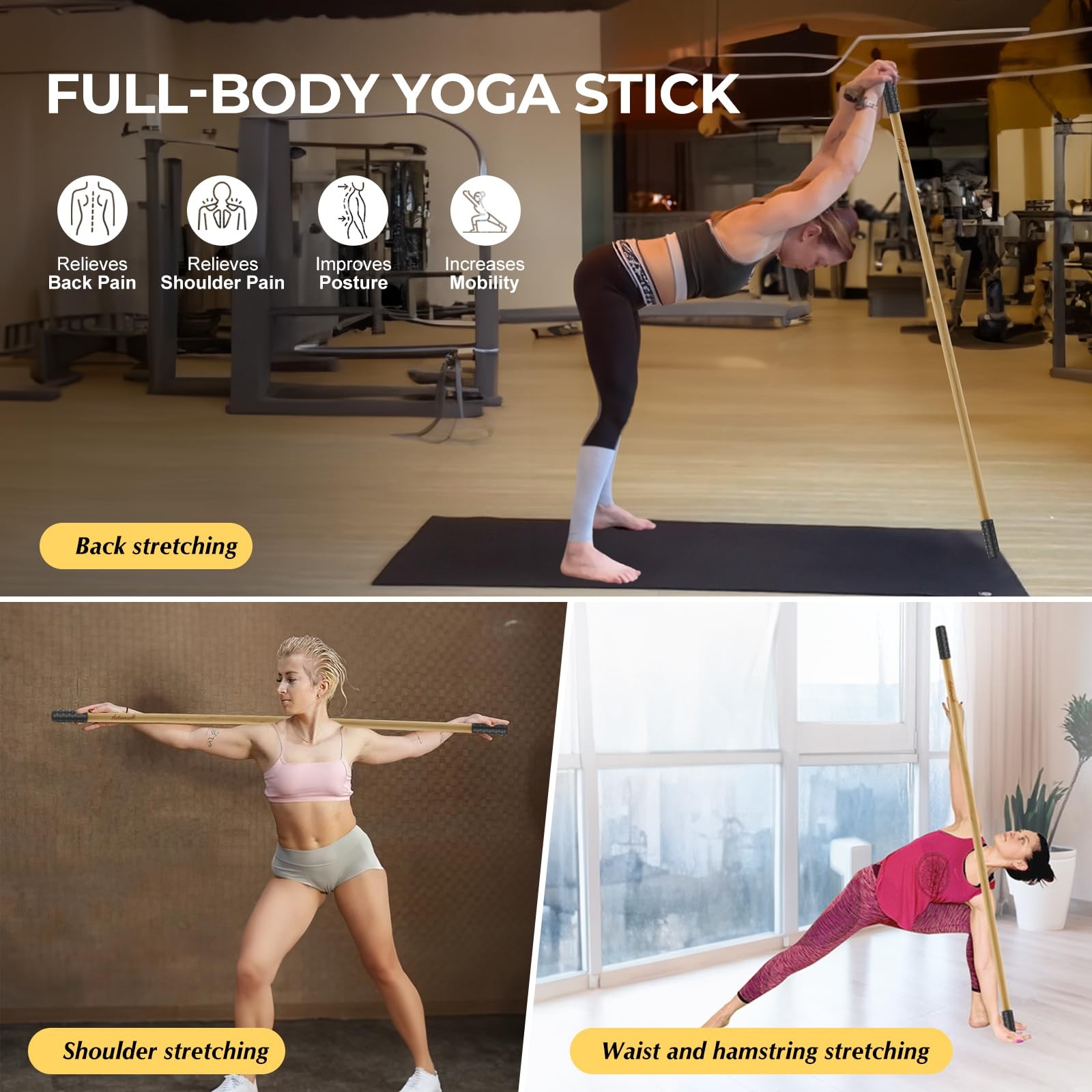 Yoga Stick for Home and Gym, Bamboo Yoga Exercise Stick for Full Range of Mot...
