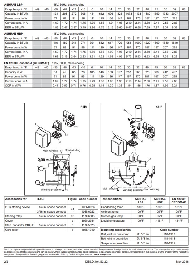 Secop TL4G R134a Hermetic Refrigeration Compressor 306 BTU LBP 1369 BTU HBP 115V