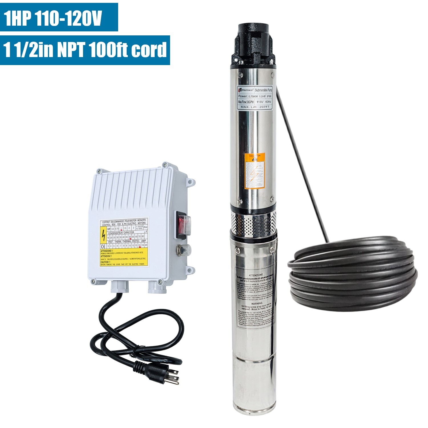 4''Deep Well Submersible Pump 1HP 207' 33GPM 110V Stainless Steel w/ Control Box