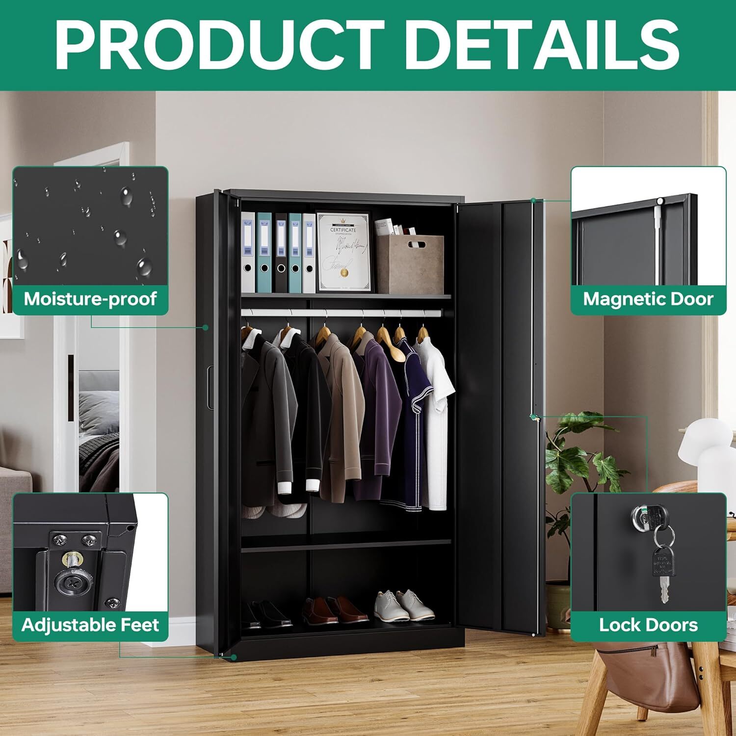 Metal Wardrobe Cabinets with Lock,Clothing Locker Storage Cabinets for Home Room