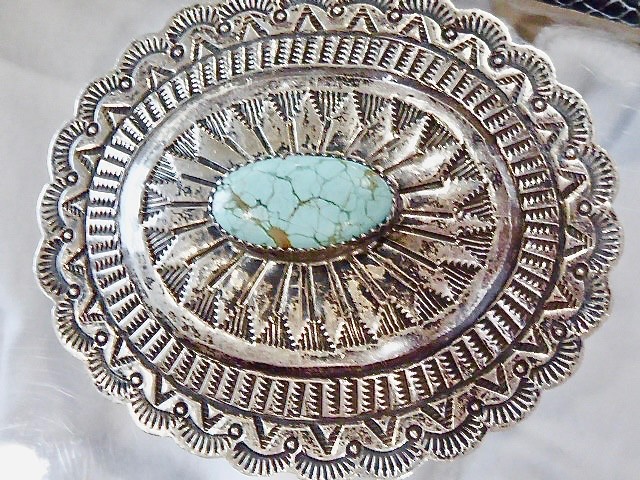 EARLY HAND STAMPED SIGNED NAVAJO STERLING SILVER SPIDER WEB TURQUOISE CONCHO