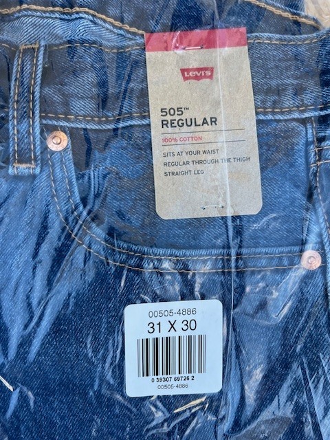 Levi Men's 505 31W X 30L Regular Fit Jeans, Dark Stonewash, NEW SEALED !