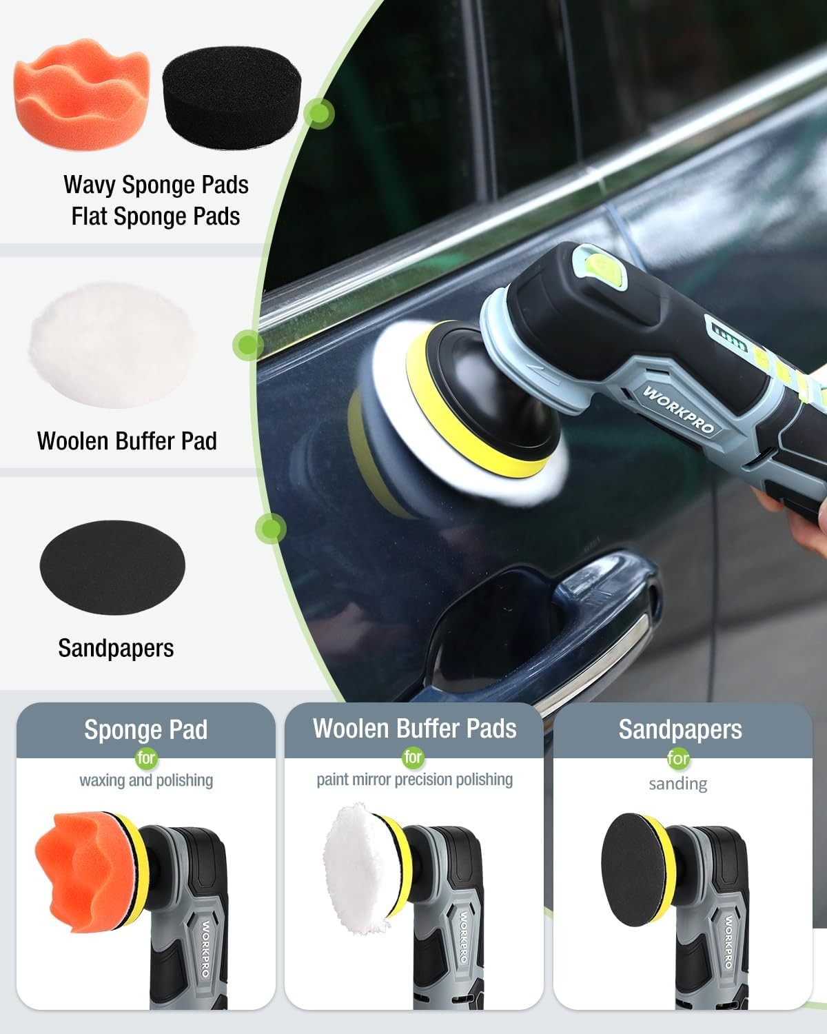 WORKPRO 12V Cordless Mini Buffer Polisher 5 Speed 3000 RPM for Waxing Polishing