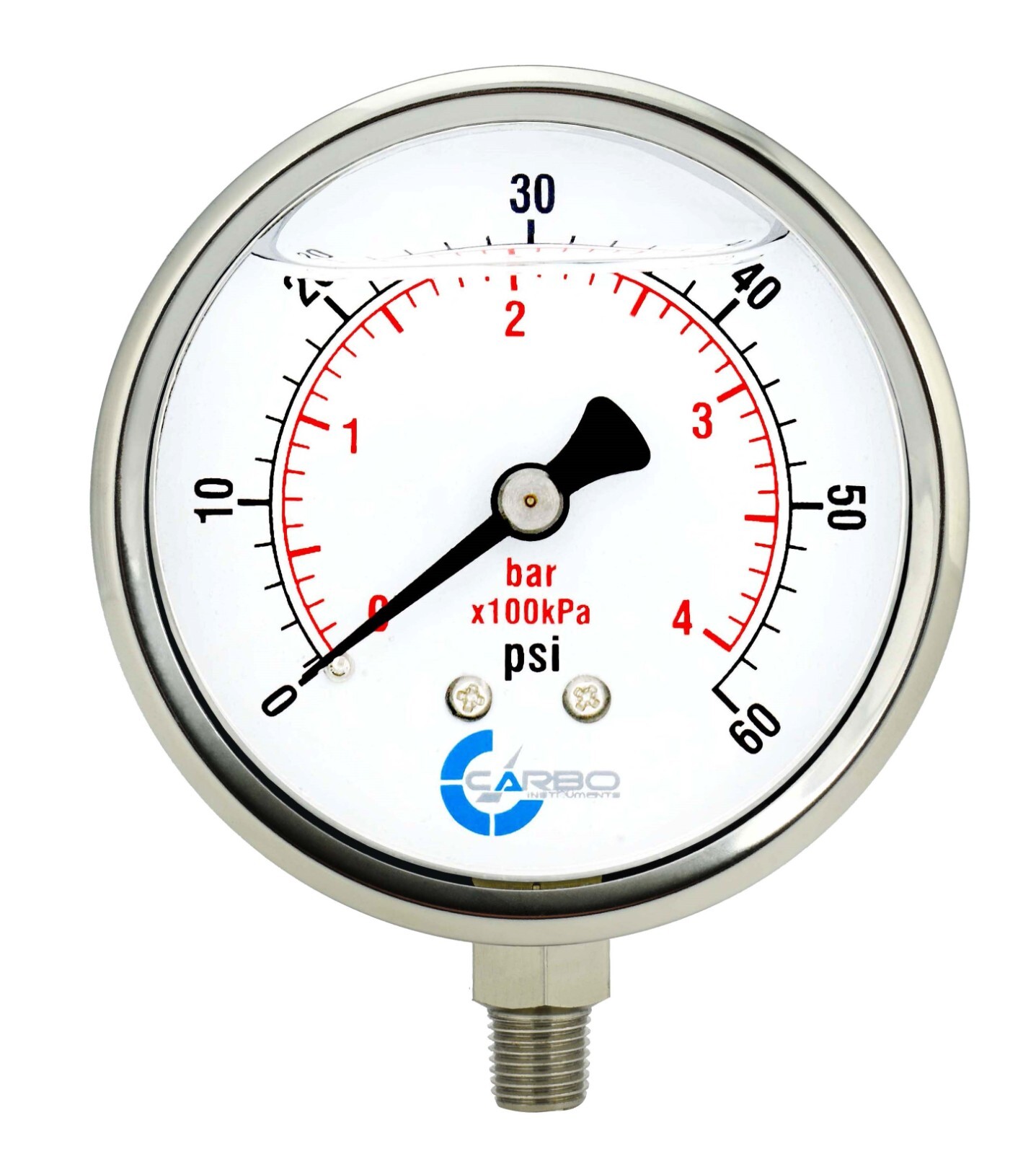 4" Pressure Gauge, Stainless Steel Case, Liquid Filled, Lower Mnt 60 PSI