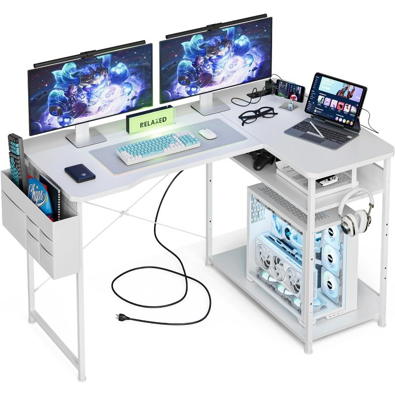 Gaming Desk with Power Outlets 48 Inch L Shaped with Shelves Storage Bag