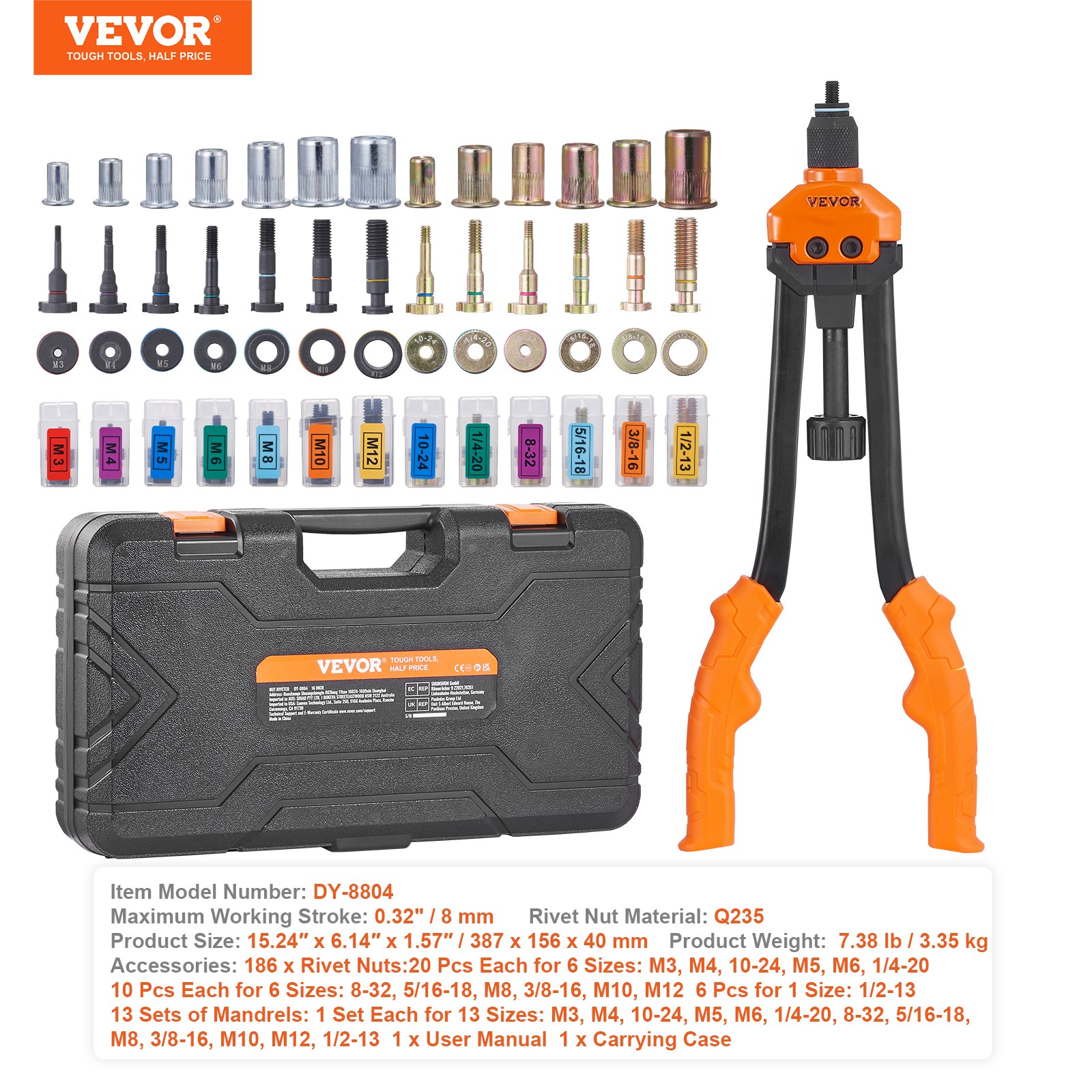 VEVOR Rivet Nut Tool 16in Rivnut Tool Kit 13 PCS Mandrels and 186 PCS Rivet Nuts