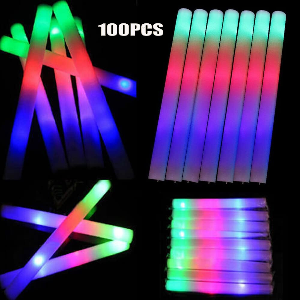 100PCS LED Foam Sticks Light Up Wands Rally Flashing Glow Party Rave
