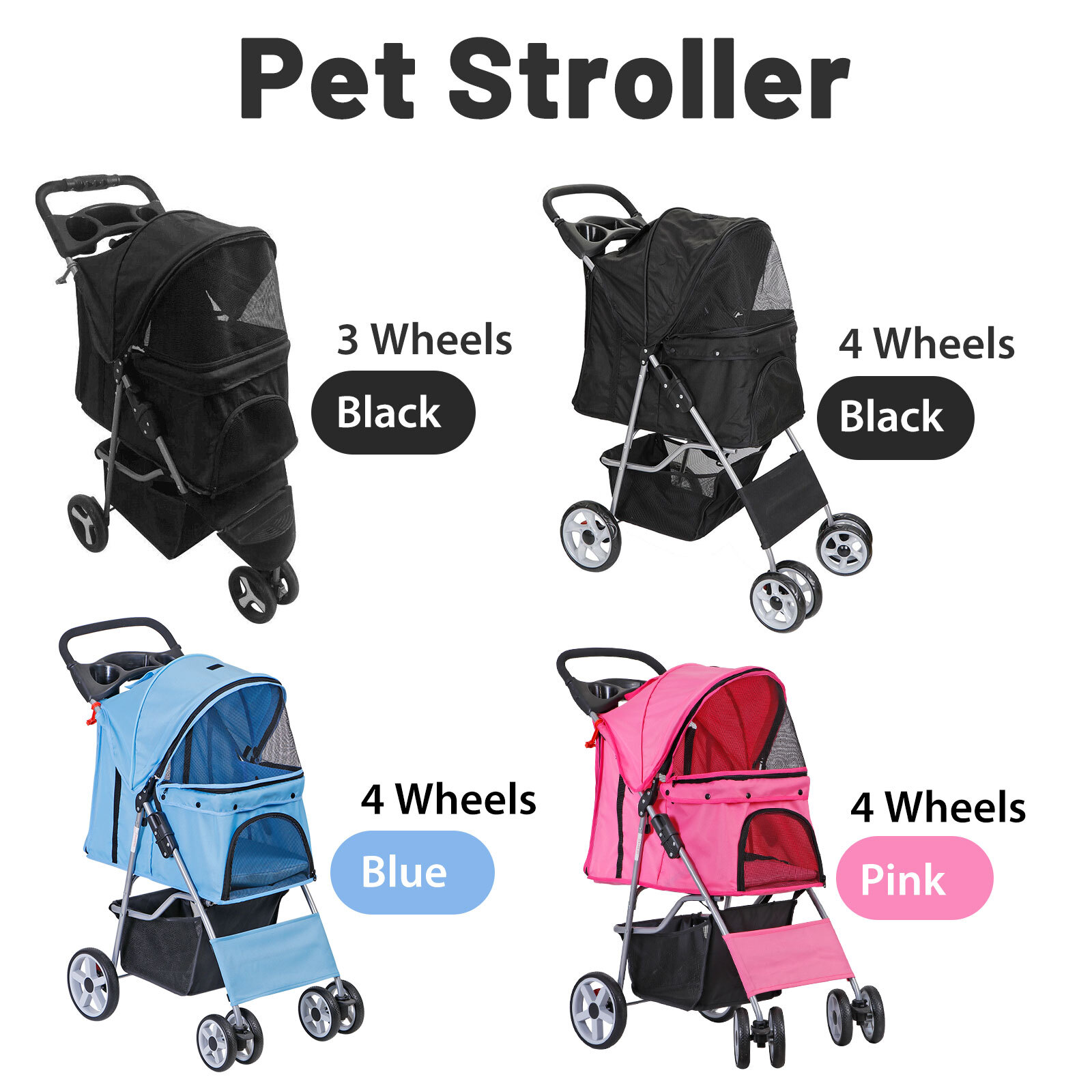 3/4 Wheels Foldable Dog Stroller Pet Travel Carriage for Pets with Carrier Cart