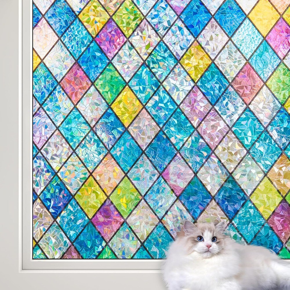 rabbitgoo Stained Glass Window Film Decorative Rainbow Colorful Lattice Sticker