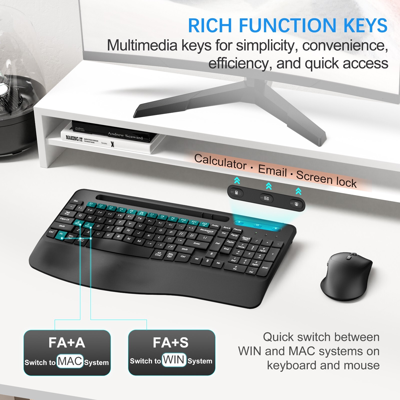 Rechargable Wireless USB Keyboard and Mouse Ergonomic Combo Full-Sized Quiet