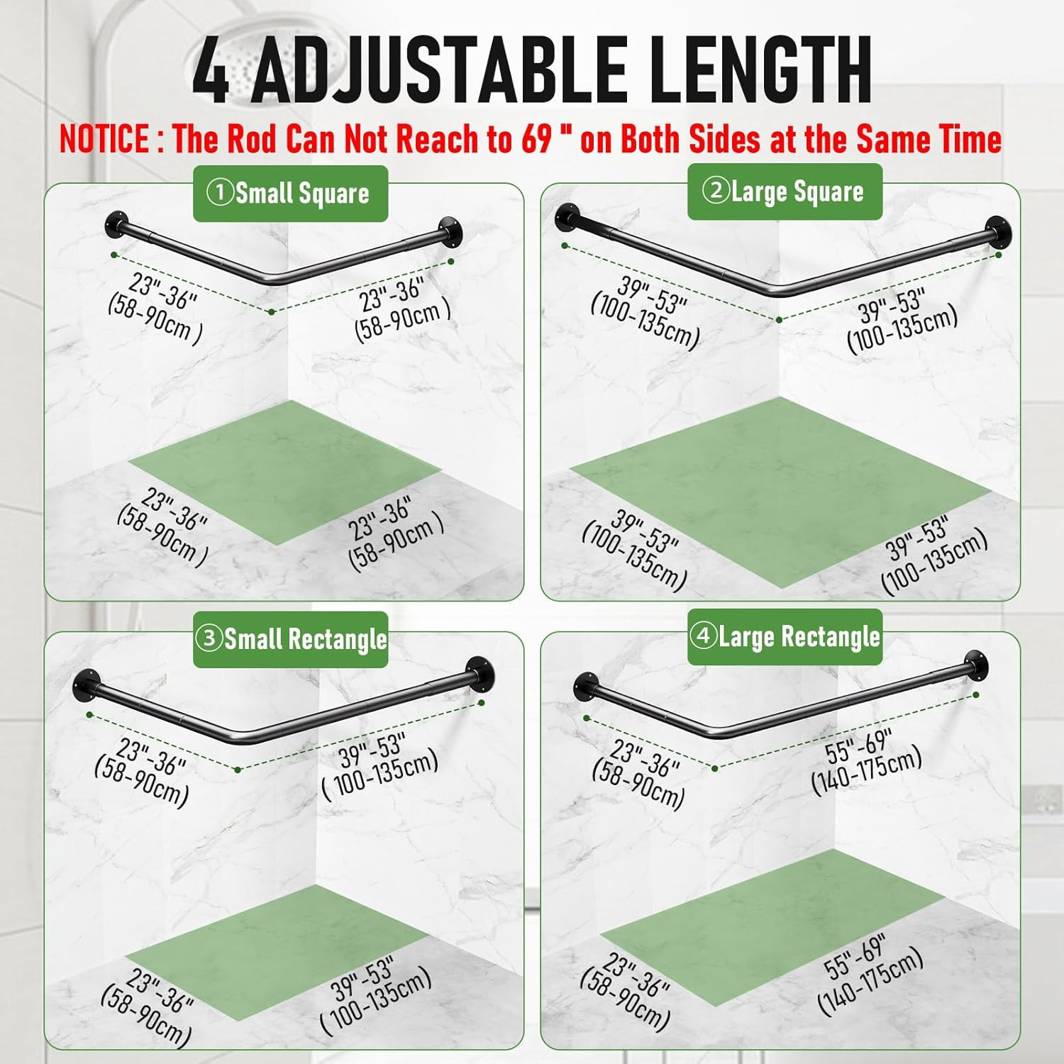 L Shaped Shower Curtain Rod - [23''-53''] X [23''-53''] Adjustable Corner Shower