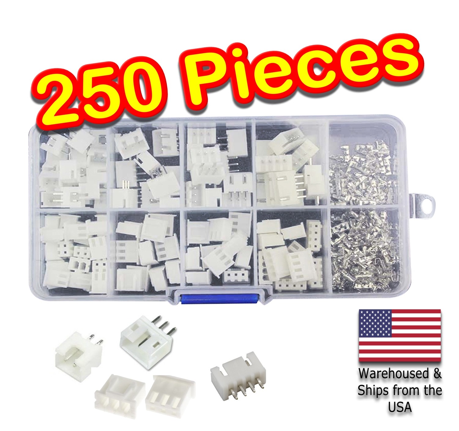 250pc JST-XH Kit 2p 3p 4p Pin 2.54mm Terminal Housing PCB Header Wire Connectors