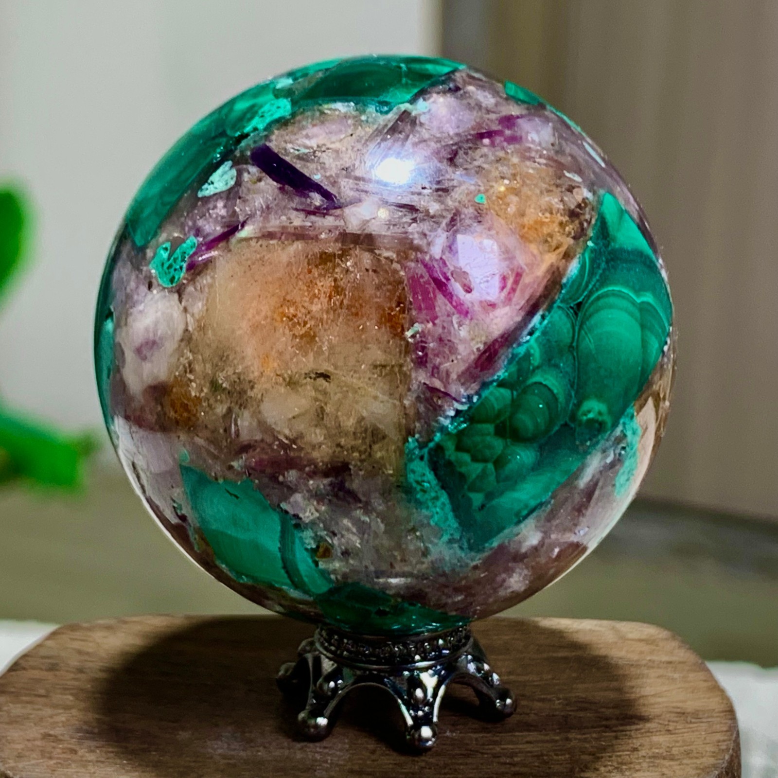 102G Newly discovered rare malachite purple mica symbiotic sphere restoration