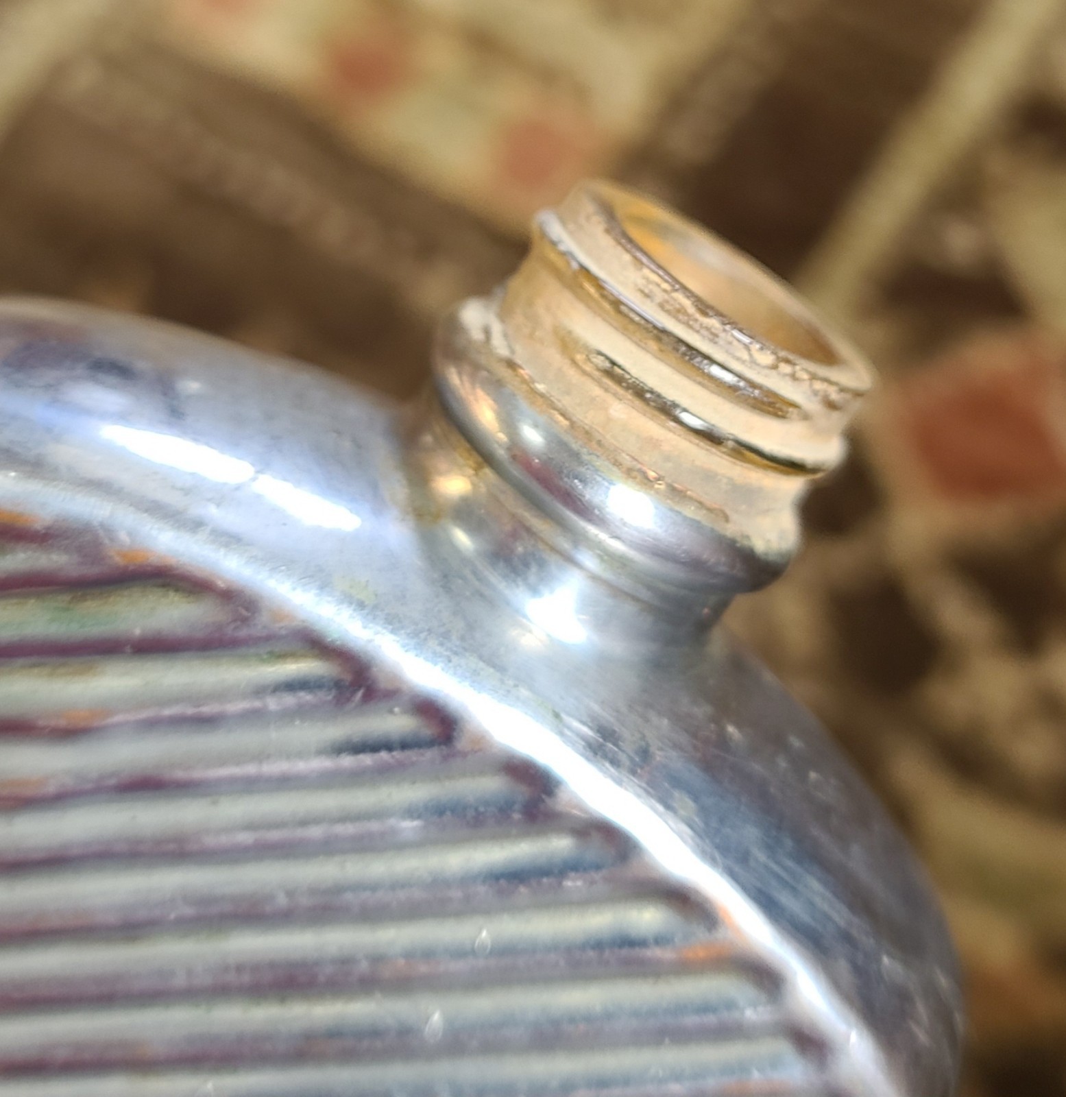 Antique Silver & Copper Plated Glass Ribbed Hip Flask 5-3/8" Tall Vintage