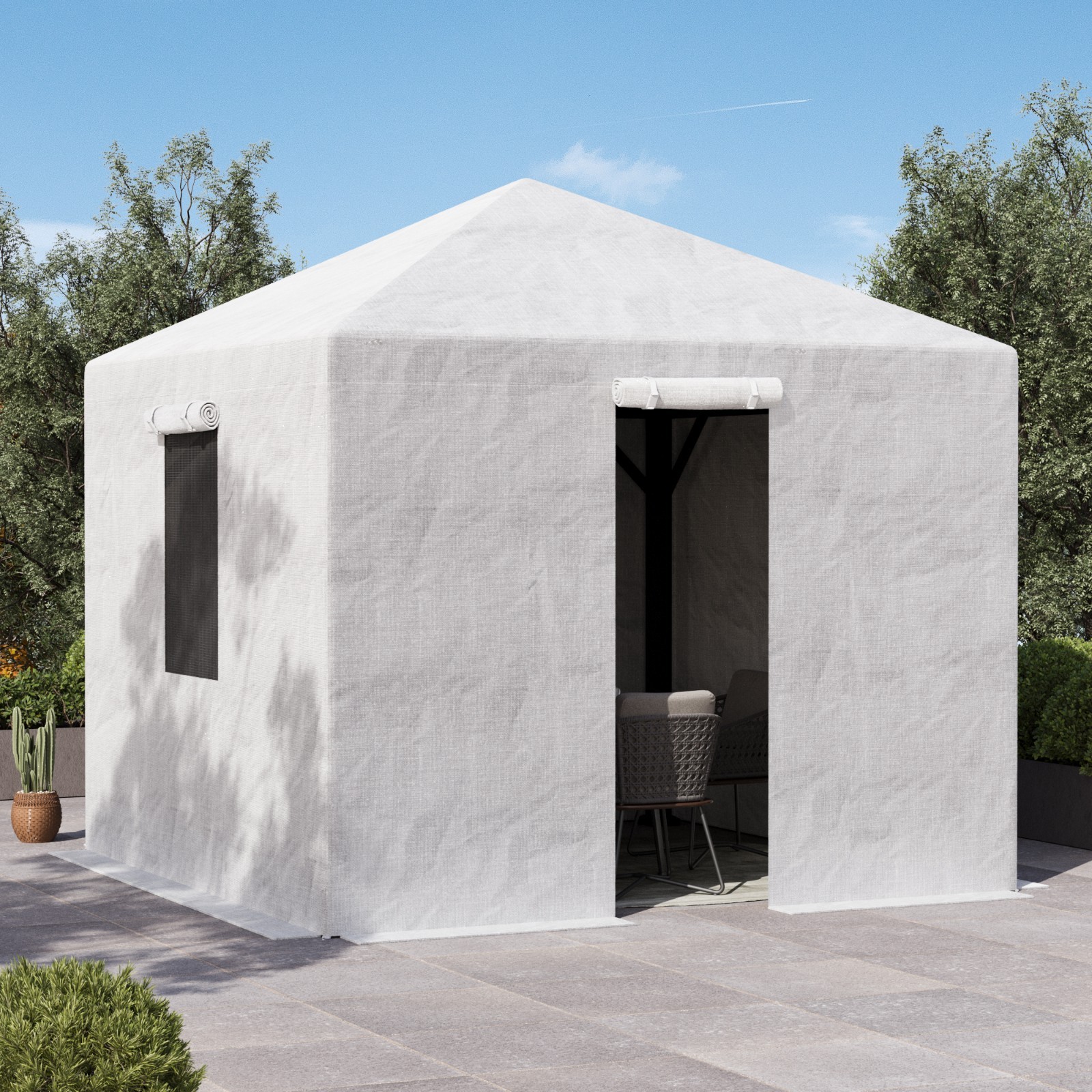 Universal Winter Gazebo Cover Waterproof w/Sidewalls and Mesh Windows (White)